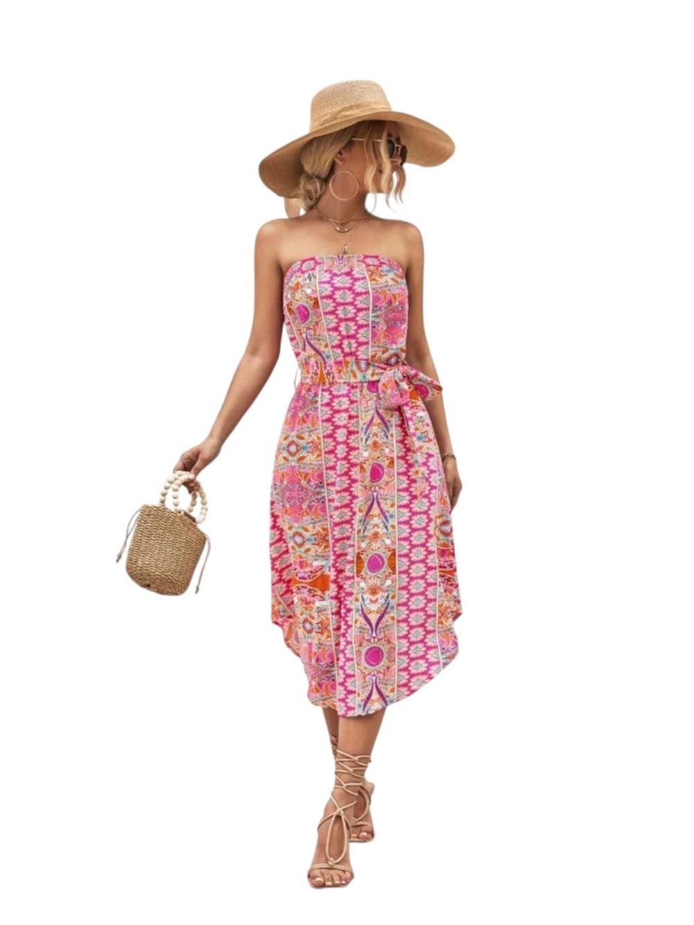 Printed Strapless Tie Belt Boho Dress Size L